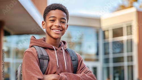 A black teenage boy smiling confidently while standing in front of a school building.