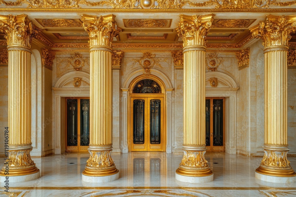 Obraz premium Grand hall with ornate gold columns and doors. Ideal for luxury, wealth, and opulence themes.