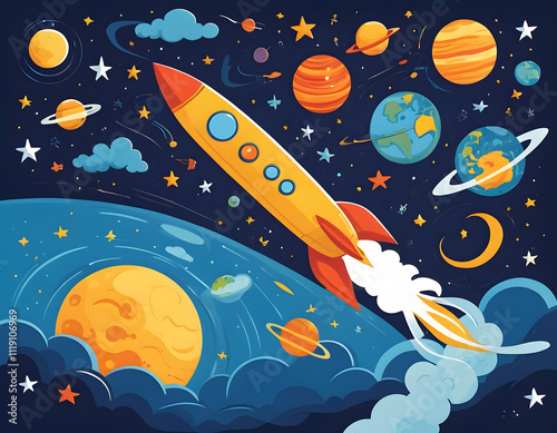 Captivating Outer Space Illustration for Kids: Rocket Launch Adventure