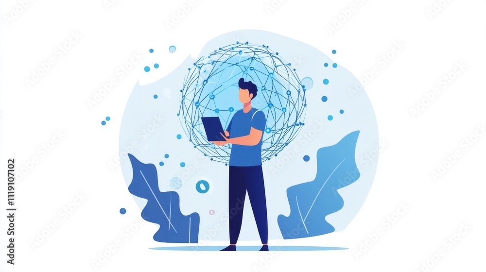 Person Using Laptop Surrounded by Global Network Concept Illustration Person Using Laptop Surrounded by Global Network Concept Illustration