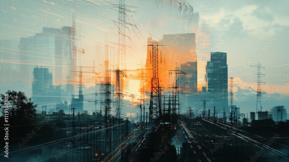 Fototapeta premium Abstract Cityscape with Power Lines and Sunset Background