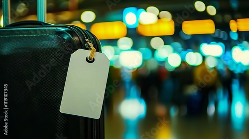 A close-up of a black suitcase with a blank tag, set against a blurred airport background, symbolizing travel and adventure.