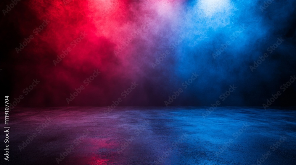 Fototapeta premium Dramatic Lighting Effects with Red and Blue Smoke on Dark Surface