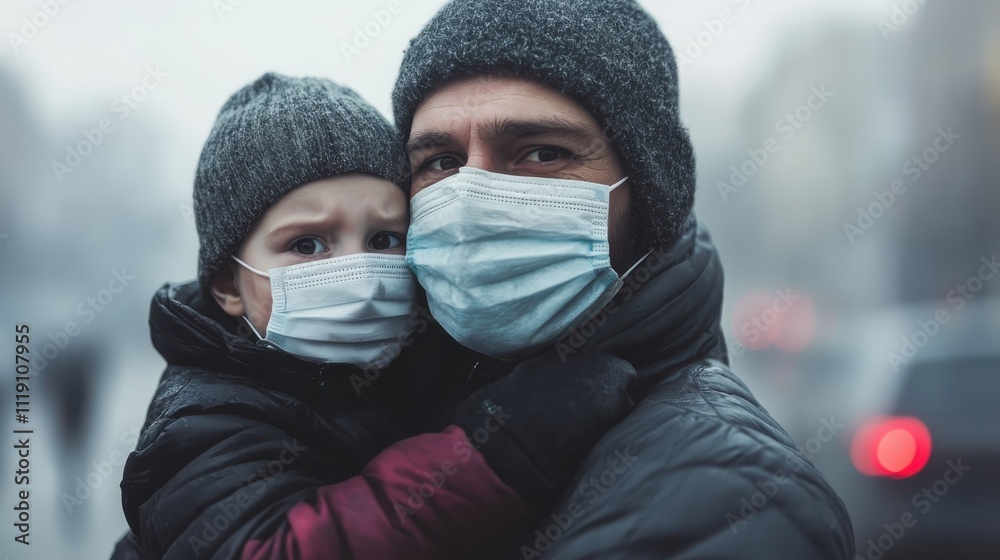 Father shielding his child from the wind, both wearing masks in heavy fog close up, focus on, copy space protective care, double exposure silhouette with swirling breeze Father shielding his child from the wind, both wearing masks in heavy fog close up, focus on, copy space protective care, double exposure silhouette with swirling breeze