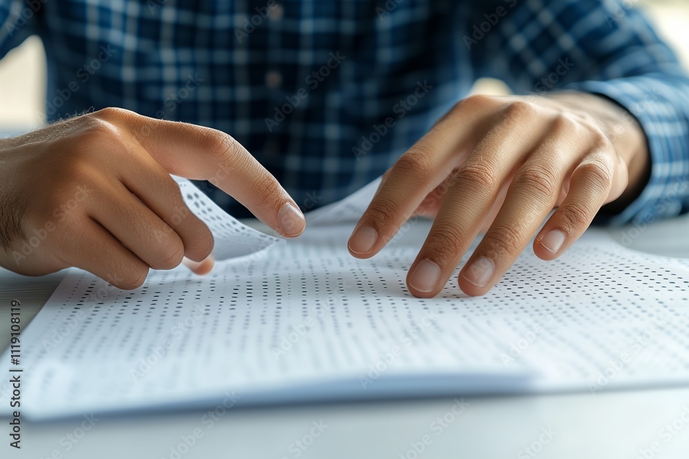 A man is holding a piece of paper with a white background and a black hand Blind person reading book written in Braille, closeup A man is holding a piece of paper with a white background and a black hand Blind person reading book written in Braille, closeup