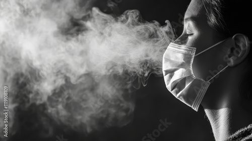 Woman breathing through medical mask surrounded by smoke 
