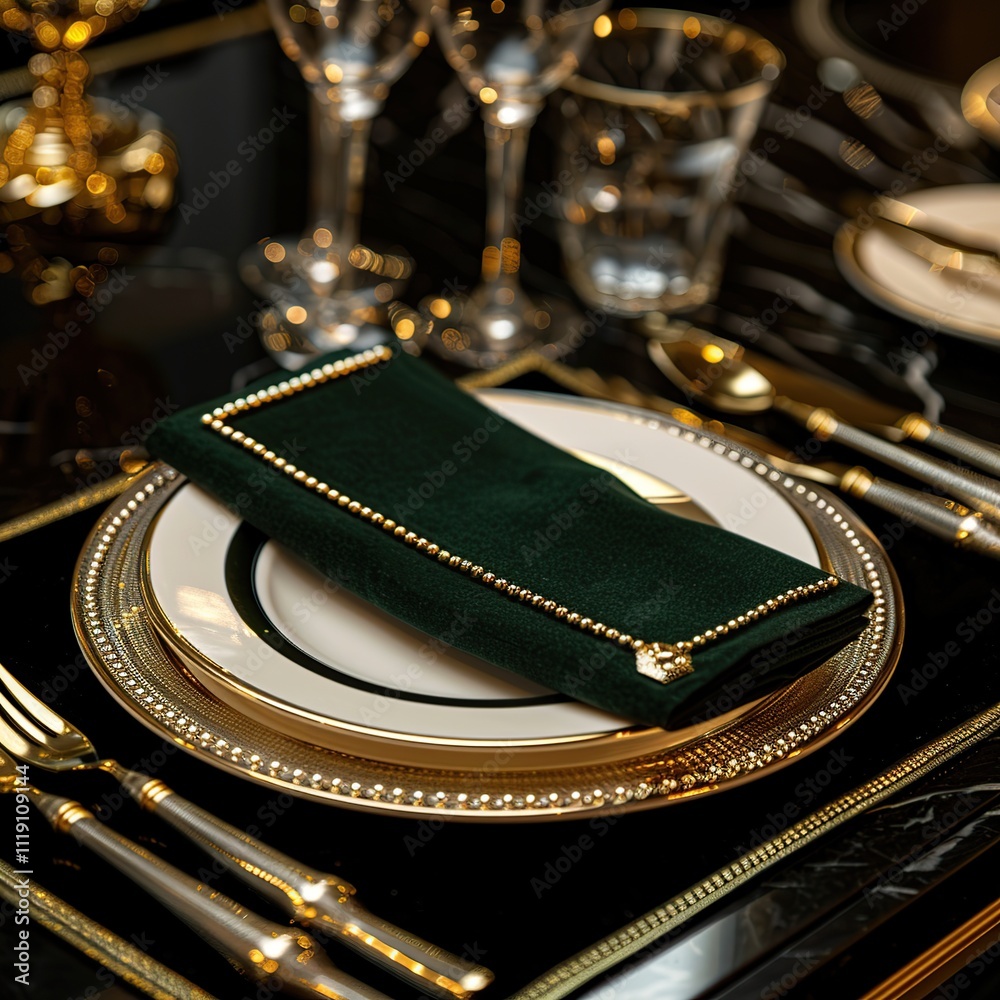 Elegant dark green velvet napkin on gold rimmed plates.