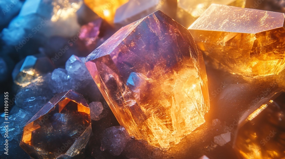 Close-up of vibrant, multicolored crystals with sunlight highlighting textures and facets. Close-up of vibrant, multicolored crystals with sunlight highlighting textures and facets.