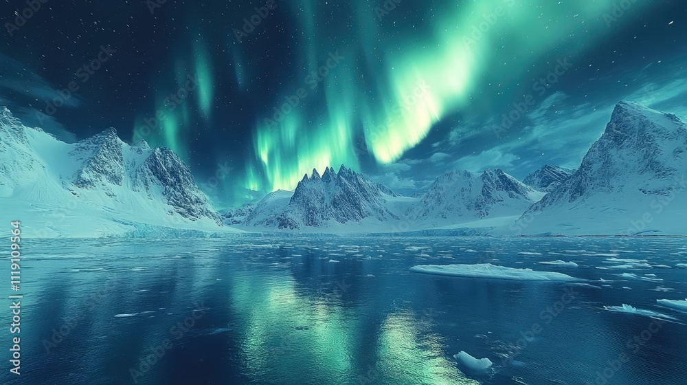 Naklejka premium Arctic Mountainscape Illuminated By Aurora Borealis