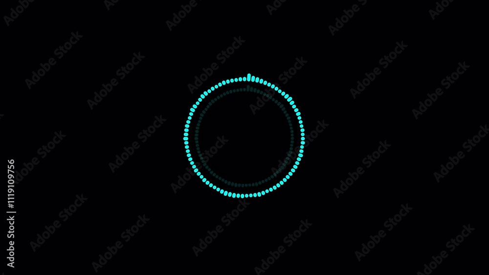  circular audio loop of rhythmic audio frequency waves, Futuristic sound wave visualization on black background,  circular Audio spectrum.