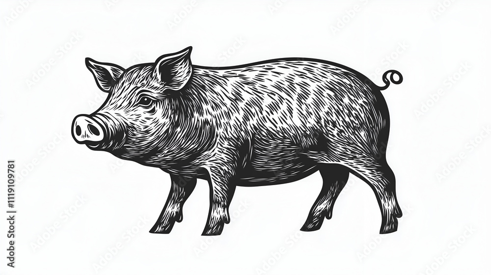 Fototapeta premium Silhouette of a pig on grass on white
