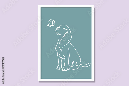 Dog and butterfly portrait linear printable poster design. Modern continuous single-line framed canvas prints minimal vector illustration—elegance pet animal minimalism interior design. 