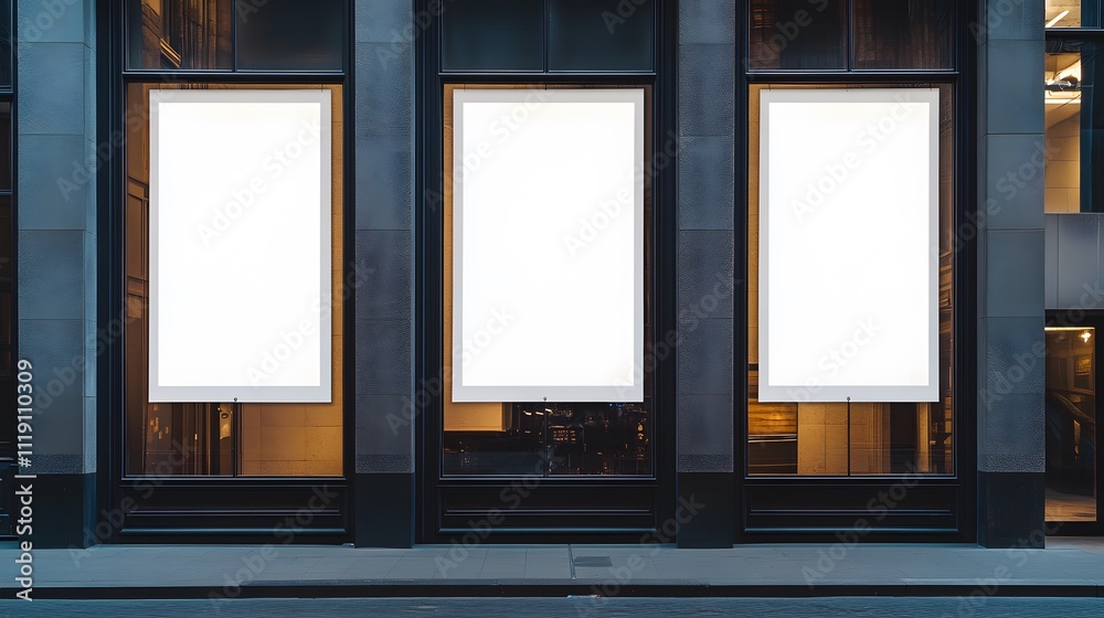 Fototapeta premium Blank white vertical banner on building facade design mockup. Store banner mockup on street. Outdoor banner template on store exterior side