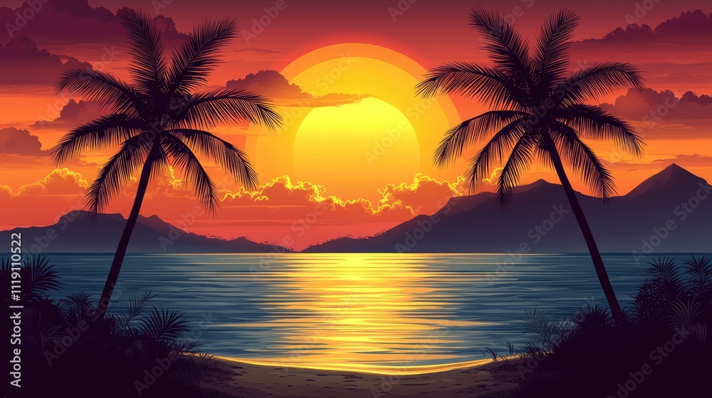Tropical Sunset Beach Scene With Palm Trees Tropical Sunset Beach Scene With Palm Trees
