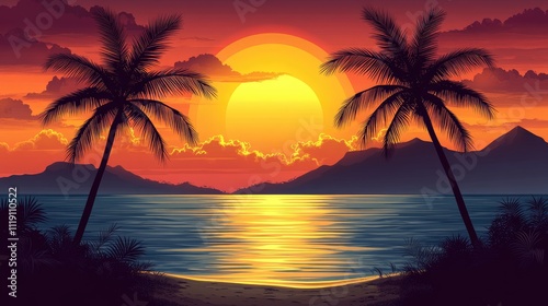 Tropical Sunset Beach Scene With Palm Trees