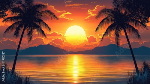 Tropical Sunset Silhouette Over Calm Ocean Waters