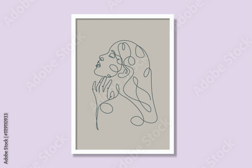  Feminine linear portrait printable poster design. Modern framed canvas prints with minimal vector illustration. Elegance woman line art minimalism interior vector artwork. 