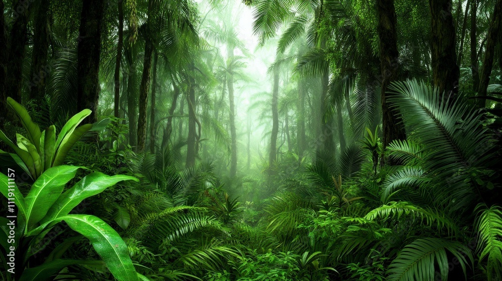Lush Tropical Rainforest Jungle Landscape Foggy Path Green Foliage Exotic Plants Lush Tropical Rainforest Jungle Landscape Foggy Path Green Foliage Exotic Plants