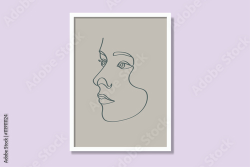 Feminine linear printable poster design. Modern continuous single-line framed canvas prints minimal vector illustration. Elegance woman face portrait art minimalism interior design. 