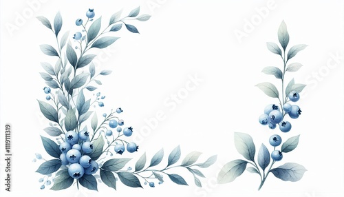 Blueberry plant in watercolor illustration with loose and fluid forms, corner border decoration,