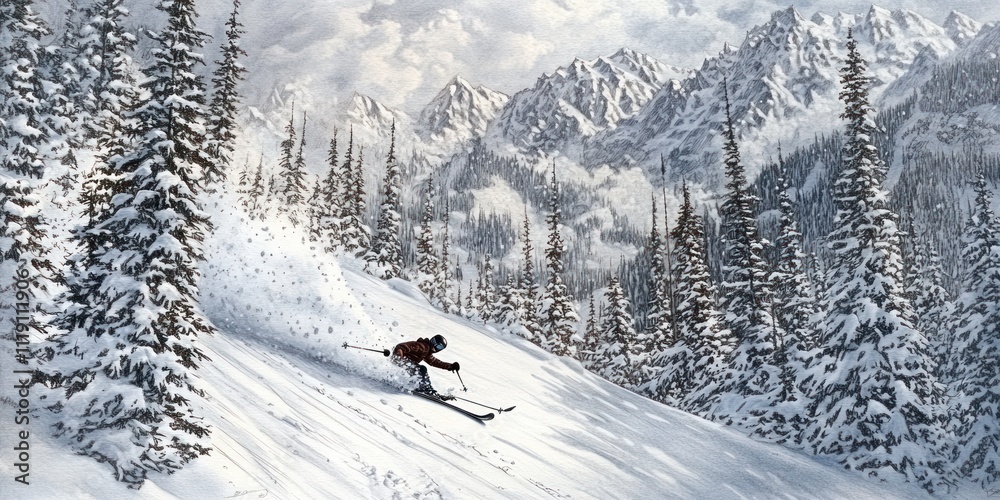 A skier carves through fresh snow in a mountainous winter landscape. A skier carves through fresh snow in a mountainous winter landscape.