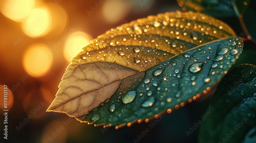 Close-up of Green Leaf with Dewdrops in Soft Sunlight Close-up of Green Leaf with Dewdrops in Soft Sunlight