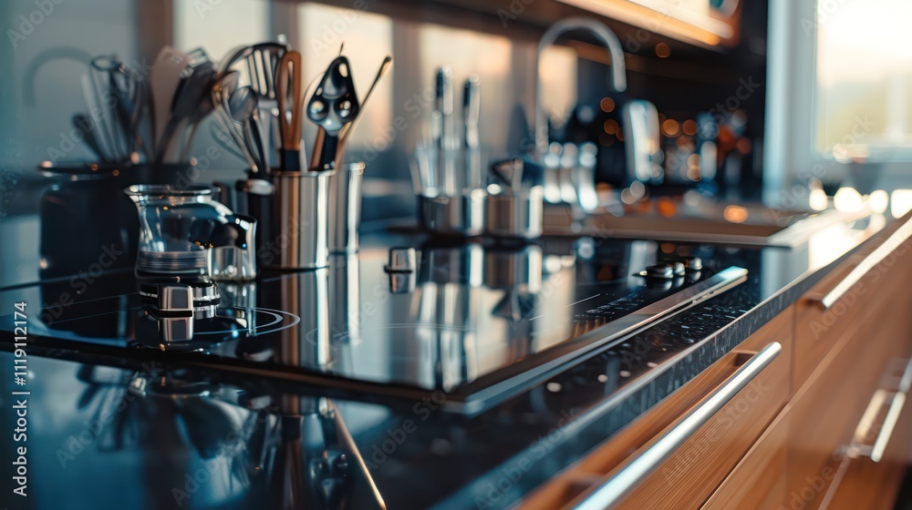 a sleek kitchen table with complete and clean cooking equipment a sleek kitchen table with complete and clean cooking equipment