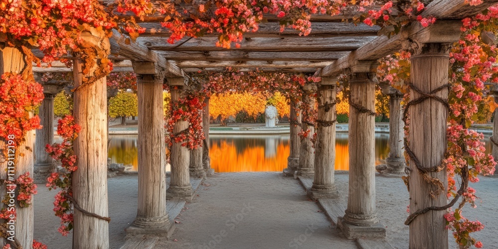 Obraz premium A serene garden pathway adorned with vibrant flowers leading to a tranquil water reflection.