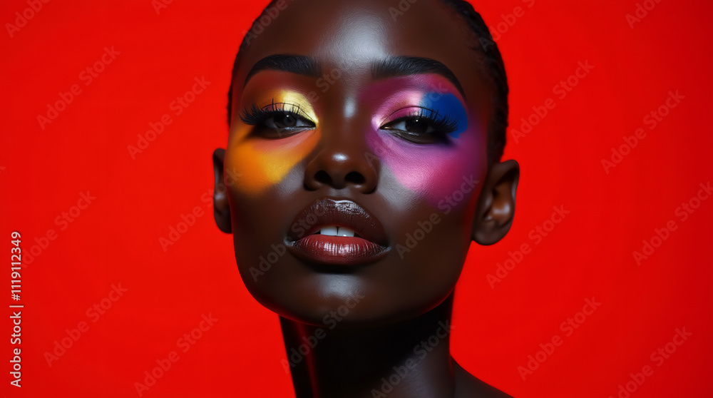 black woman makeup, young black woman with colorful and vibrant makeup, red background, banner, copy space, generative ai black woman makeup, young black woman with colorful and vibrant makeup, red background, banner, copy space, generative ai