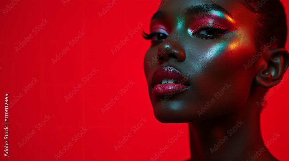 black woman makeup, young black woman with colorful and vibrant makeup, red background, banner, copy space, generative ai black woman makeup, young black woman with colorful and vibrant makeup, red background, banner, copy space, generative ai