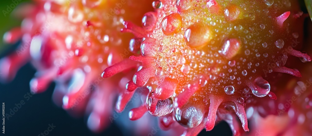 Close-up of a bright red fruit covered in water droplets. Close-up of a bright red fruit covered in water droplets.