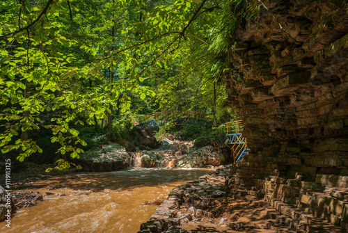 View of the Rufabgo creek on a sunny summer day, Kamennomostsky, Republic of Adygea, Russia photo