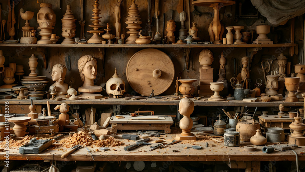 Wooden Sculptures and Tools in Artisan Workshop Wooden Sculptures and Tools in Artisan Workshop