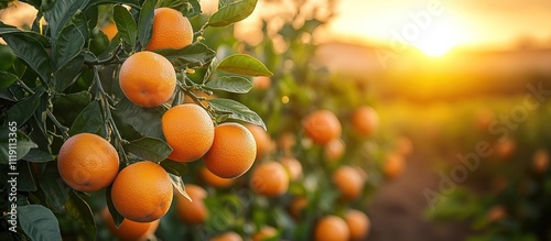 Ripe oranges hanging from a tree branch in an orchard with a sunset in the background.