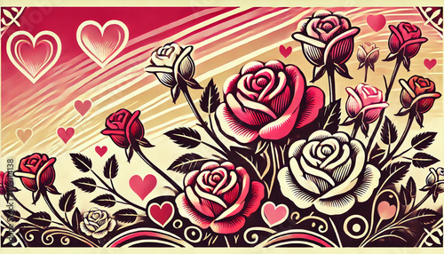 A Retro-Inspired Rose Garden Design with Red, Pink, and White Flowers in Graphic Style