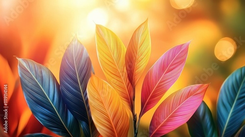 Tropical Leaves Vibrant Colors Artistic Nature Scene with Soft Bokeh and Warm Gradient Background photo