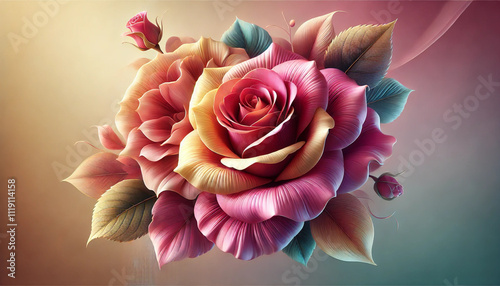 A Stunning 3D Illustration of a Vibrant Rose with Multicolor Petals and Realistic Details