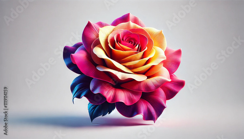 A Fully Bloomed Rose Featuring Rich Gradients of Pink, Yellow, and Blue in a Photorealistic Style