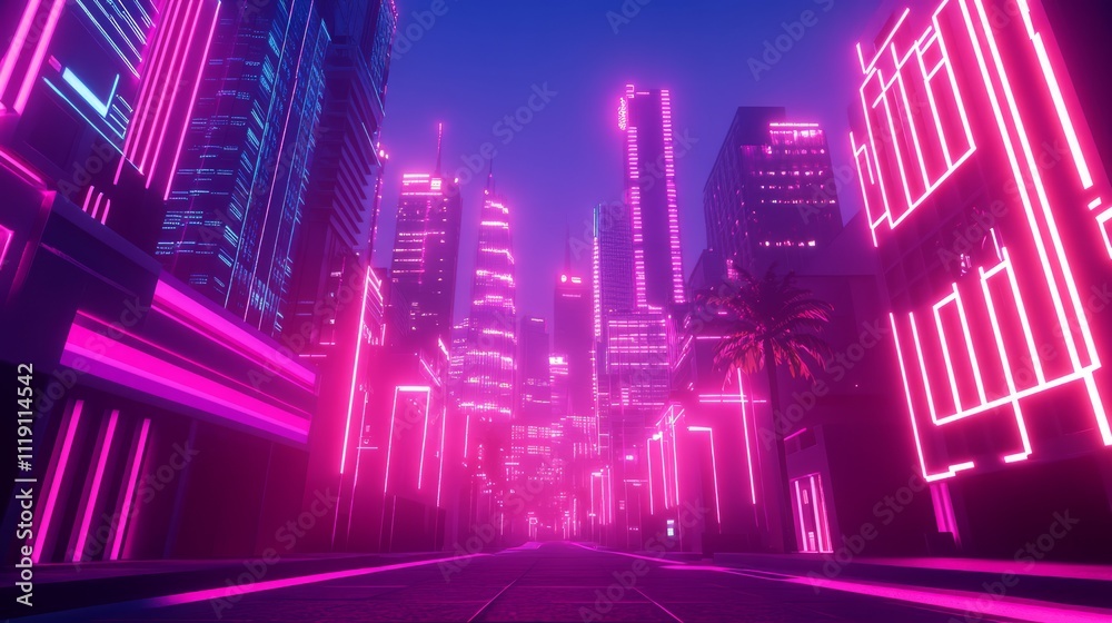 Vibrant Neon Skyline in Futuristic Urban Setting with Palm Trees and Electric Pink Lights at Dusk, Capturing a Dreamy Sci-Fi Atmosphere