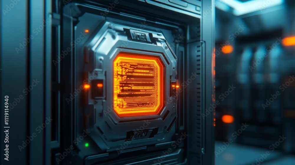 Futuristic Data Processor with Glowing Orange Core in a High-Tech Server Room, Showcasing Cutting-Edge Technology and Data Processing Capabilities Futuristic Data Processor with Glowing Orange Core in a High-Tech Server Room, Showcasing Cutting-Edge Technology and Data Processing Capabilities
