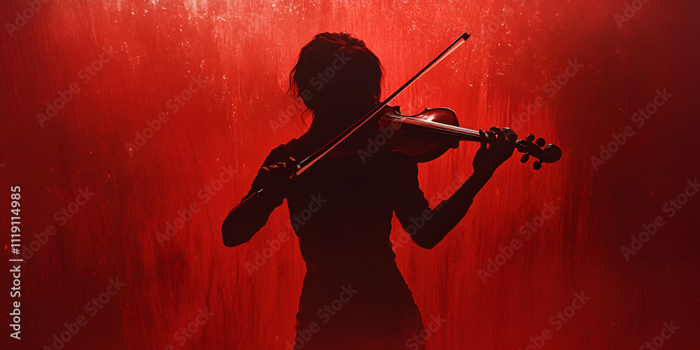 Fototapeta premium Crimson Violinist: Silhouette of a musician playing violin against a dramatic red background. Passion, artistry, and musical expression take center stage. 