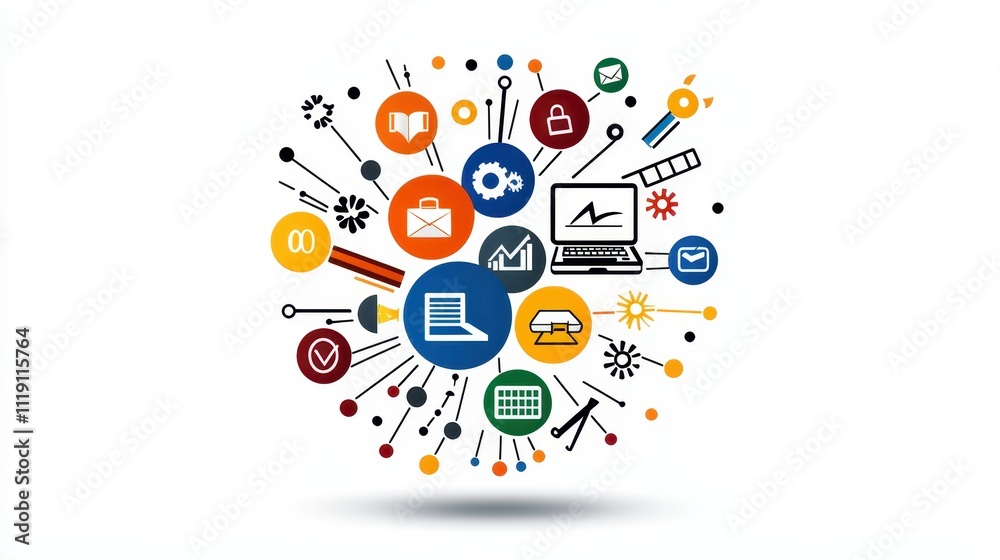 Colorful Icons Representing Various Digital Concepts and Business Themes Colorful Icons Representing Various Digital Concepts and Business Themes