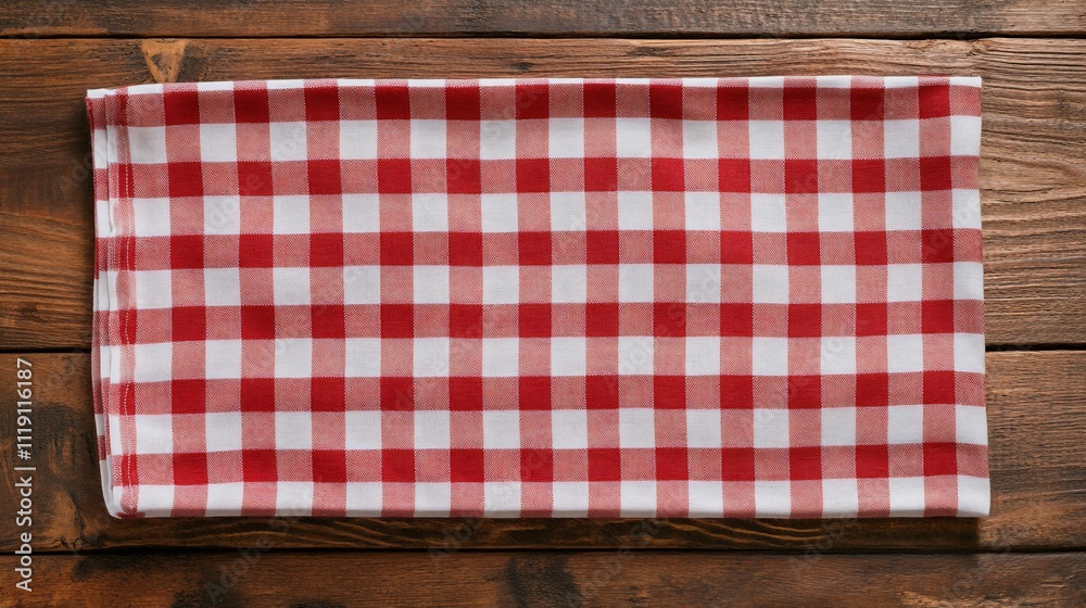 Obraz premium Red and white checkered tablecloth on wooden surface.