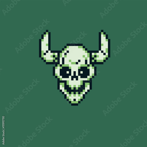 uploadHuman skull with horns pixel art icon, creepy demon character isolated on white background vector illustration. 1-bit sprite. Design stickers, logo, mobile app, embroidery.