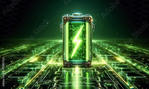 Glowing green power neon futuristic energy storage, high capacity rechargeable lithium ion battery