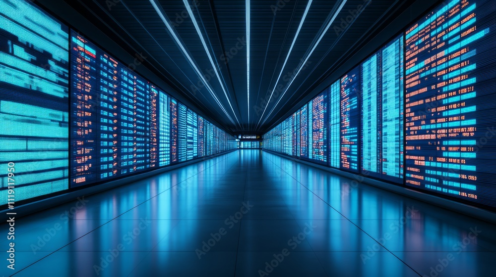 Futuristic Data Center Corridor with Neon Lights and Digital Screens Displaying Extensive Information and Illuminated Pathway for Tech-Enthusiasts and Industry Professionals Futuristic Data Center Corridor with Neon Lights and Digital Screens Displaying Extensive Information and Illuminated Pathway for Tech-Enthusiasts and Industry Professionals