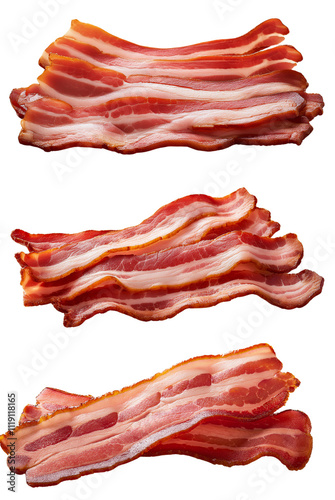 Slices of crispy bacon arranged on a white isolate background. photo