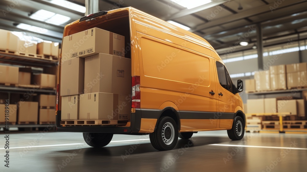 A bright orange delivery van loaded with cardboard boxes, parked in a spacious warehouse filled with storage shelves.