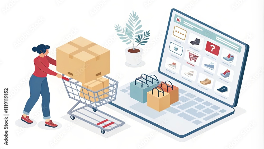A woman is shopping online and has a cart full of boxes A woman is shopping online and has a cart full of boxes