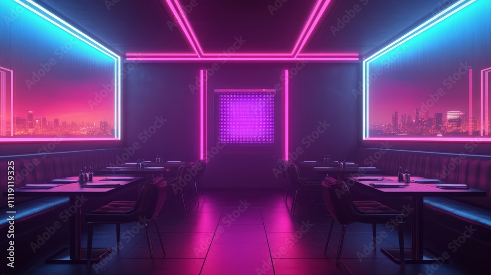 Modern Interior of a Futuristic Restaurant Featuring Neon Lighting, Sleek Tables, and Stylish Chairs Against a Vibrant City Skyline Backdrop at Dusk Modern Interior of a Futuristic Restaurant Featuring Neon Lighting, Sleek Tables, and Stylish Chairs Against a Vibrant City Skyline Backdrop at Dusk